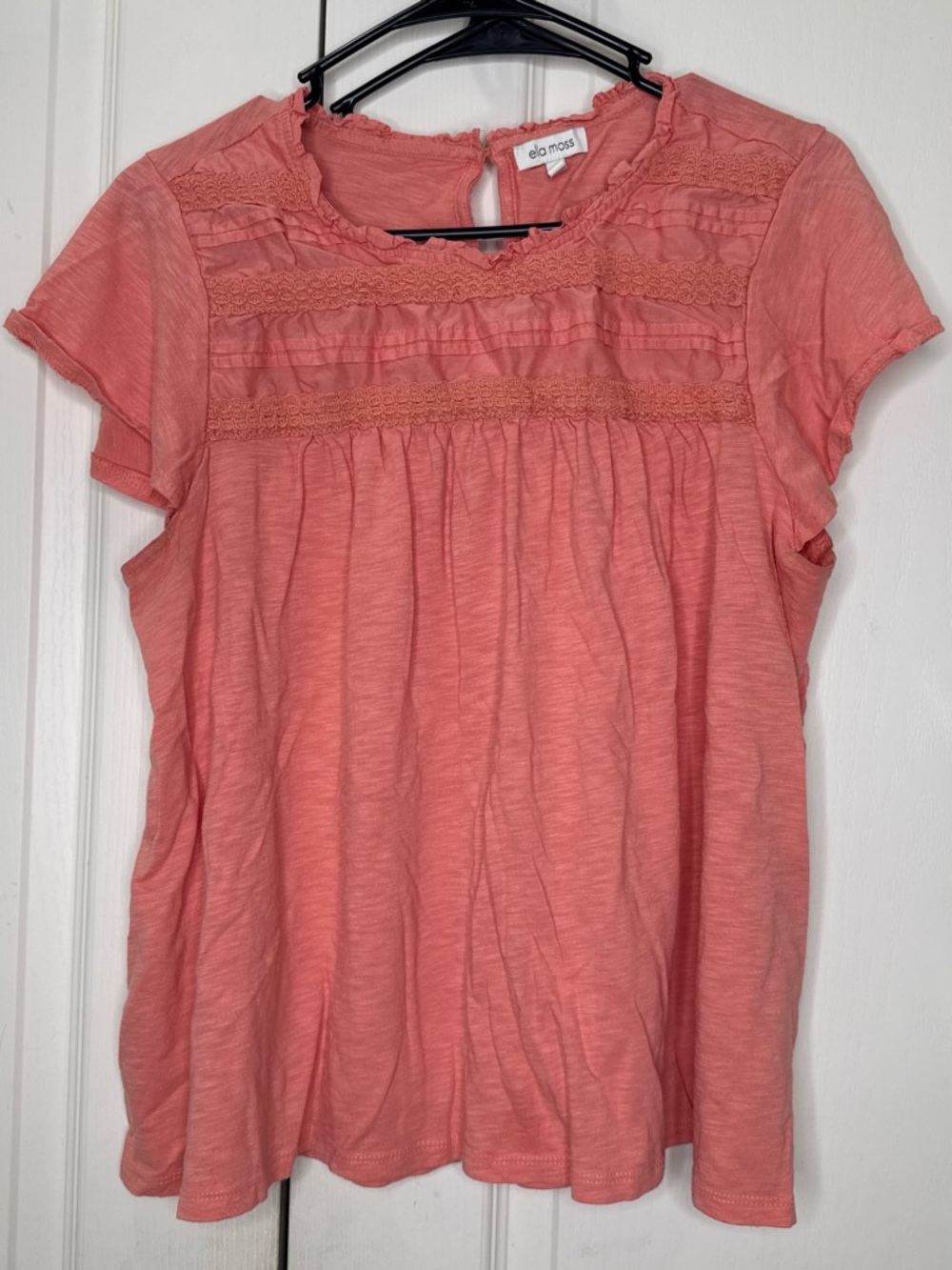 Ella Moss Coral Pink Lace Yoke Short Sleeve Top